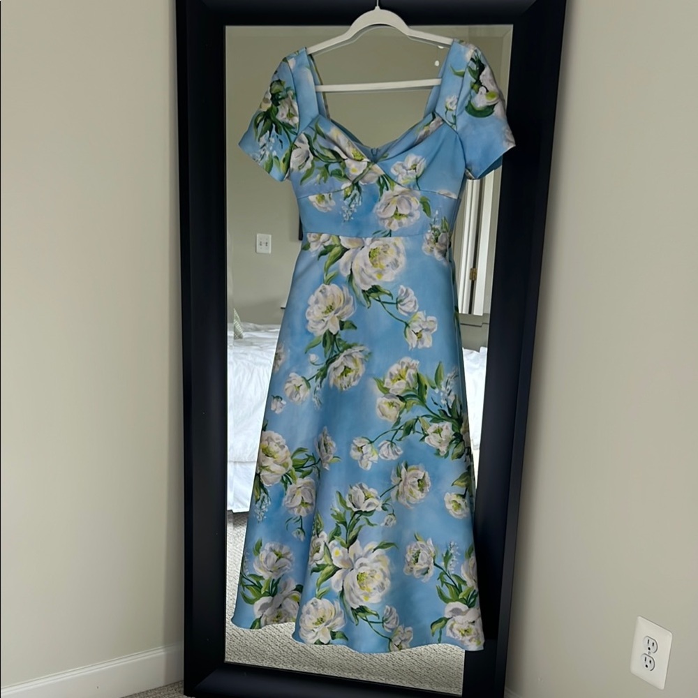 Theia Sky Blue Floral Midi Dress